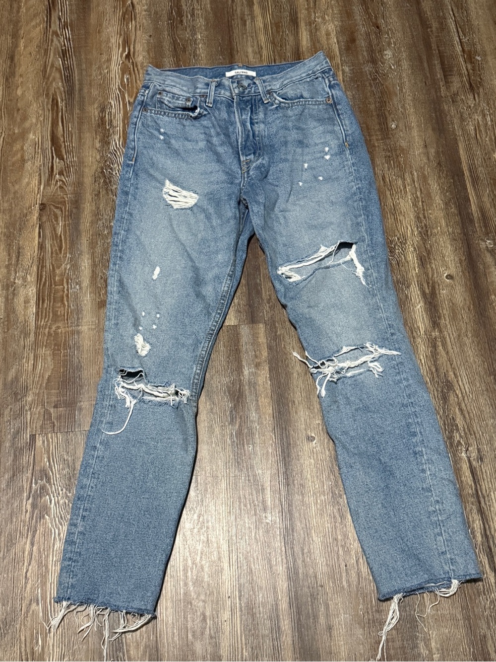 GRLFRND Karolina Button Fly Jeans Women's 25 Distressed Frayed Hem Slim Straight